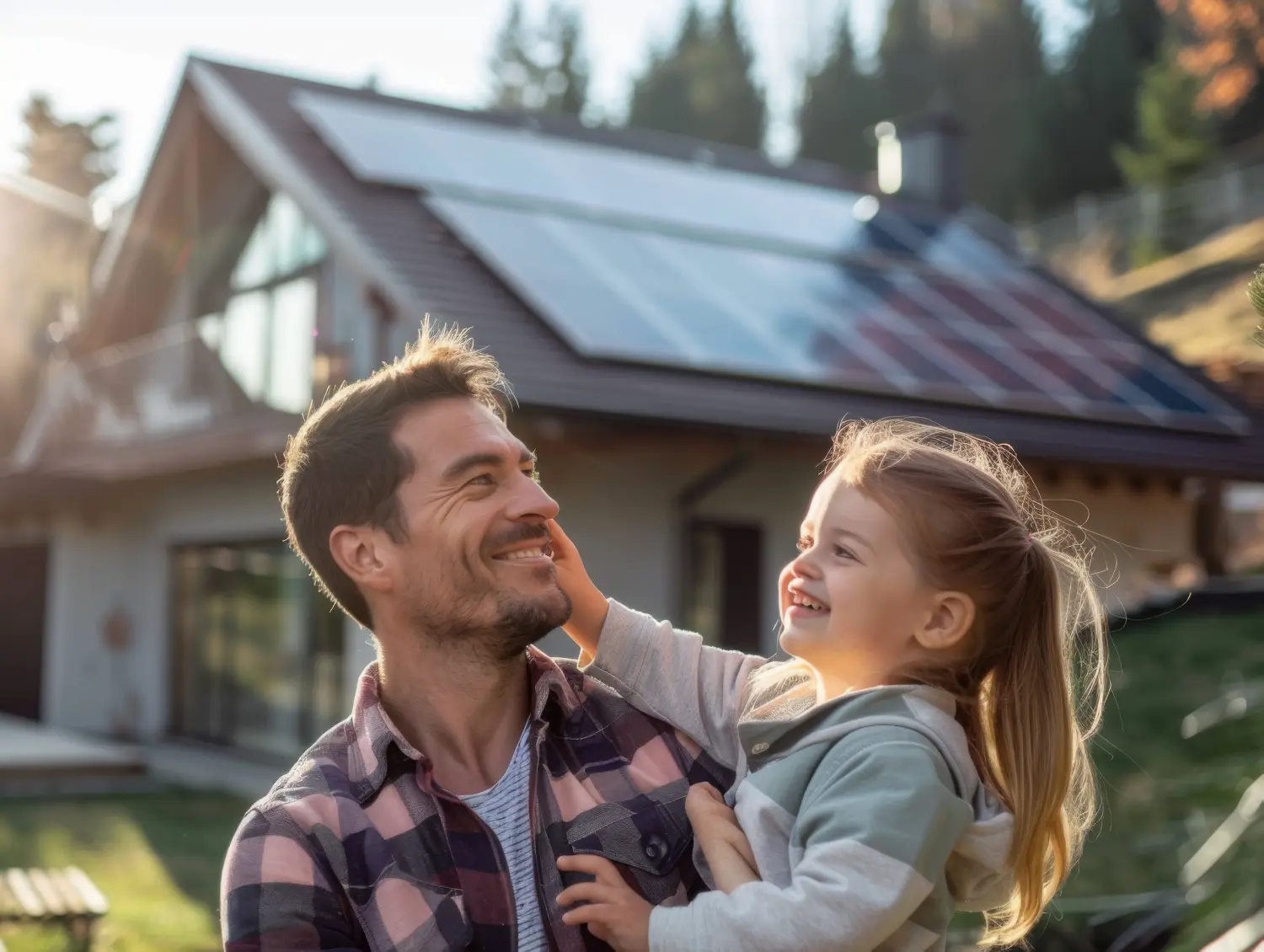 SEB, glückliche Familie, ein Vater hält seine Tochter im Arm, im Hintergrund ein Haus mit Solarzellen