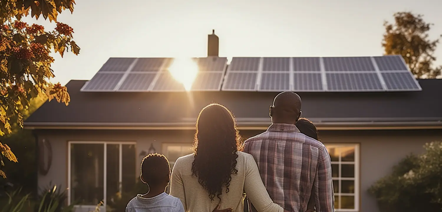 SEB, Familie, die ein auf einem Haus installiertes Solarmodul betrachtet