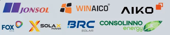 Logos von JONSOL, WINAICO, AIKO, BRC Solar, FIX ESS, SOLAX, CONSOLINNO energy